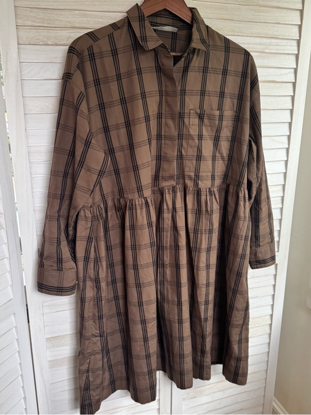 Everlane The Field Dress Sz S Babydoll Brown Black Plaid Long Sleeve Lagenlook